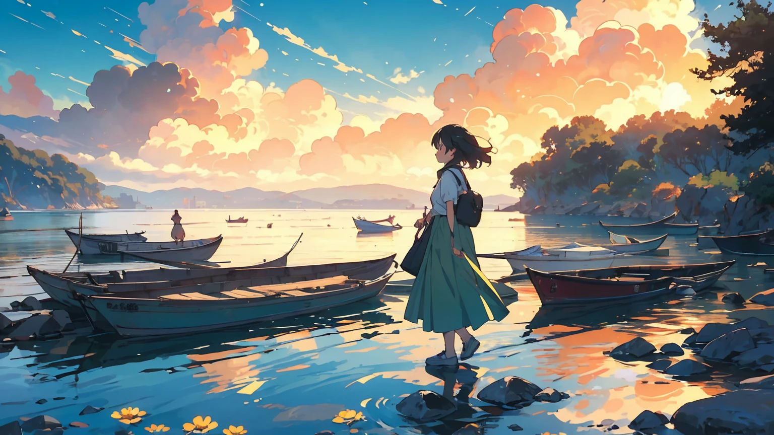 Blues, One girl, musical instrument, flower, alone, Outdoor, Brown Hair, Sitting, guitar, cloud, null, shoes,, short hair, Day, wood, music, shirt, blue null, playing musical instrument, orange flower, scenery, Wind, holding musical instrument, amplifier, Depth of written boundary, yellow flower, jack Jhonson, Wide Shot, Green Skirt, profile, leaf, fence, cloudy null, Ocean, Studio Ghibli Style HMC, 夕暮れ時に棚に座ってguitarを弾く少年, Wallpaper 8k, guitarを弾く, LOFI Girl,(Warm, vibrant colors), (soft, Golden Light), (Sparkling reflections on the water), Anime Style，Ocean，Oceanのビーチ, Illustrator