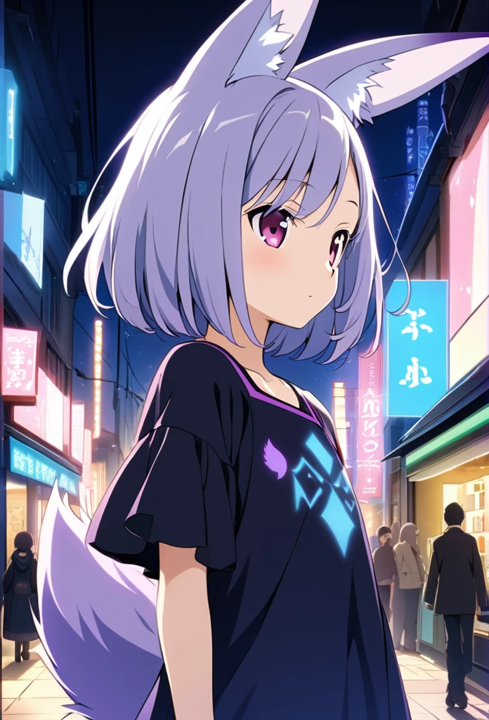 ((anime zero no tsukaima art, masterpiece, 4k, extreme quality)).
The theme is supernatural.
The setting is a street in the center of Tokyo(detailed:1,9), the year is 2024, summer, without fog, full of varied open stores in the surroundings, full of people in the surroundings, it is 9 pm, the sky is starry, the environment is illuminated by the lights of streetlights and open stores. There is a girl(Only 1), she is the focus of the scene, she is , she has purple fox ears(long:1,2), she has 9 purple tails(long:1,6) fox, hair(short:1.6) messy and gradient purple with gray from top to bottom, bright and silver eyes(luminous:2.1), pale white skin, short stature, she wears a totally black yukata, thin(thin:1.5), narrow chest, flat chest, waist(thin:1.5), wide hips, big round butt, beautiful thighs, beautiful curves, shy and embarrassed behavior, fullbody vision(far:1.1). The atmosphere is pleasant.
