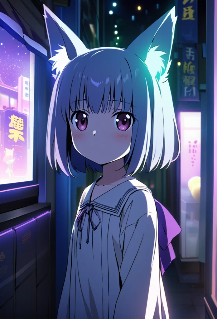 ((anime zero no tsukaima art, masterpiece, 4k, extreme quality)).
The theme is supernatural.
The setting is a street in the center of Tokyo(detailed:1,9), the year is 2024, summer, without fog, full of varied open stores in the surroundings, full of people in the surroundings, it is 9 pm, the sky is starry, the environment is illuminated by the lights of streetlights and open stores. There is a girl(Only 1), she is the focus of the scene, she is 12 years old, she has purple fox ears(long:1,2), she has 9 purple tails(long:1,6) fox, hair(short:1.6) messy and gradient purple with gray from top to bottom, bright and silver eyes(luminous:2.1), pale white skin, short stature, she wears a totally black yukata, thin(thin:1.5), narrow chest, flat chest, waist(thin:1.5), wide hips, big round butt, beautiful thighs, beautiful curves, shy and embarrassed behavior, fullbody vision(far:1.1). The atmosphere is pleasant.