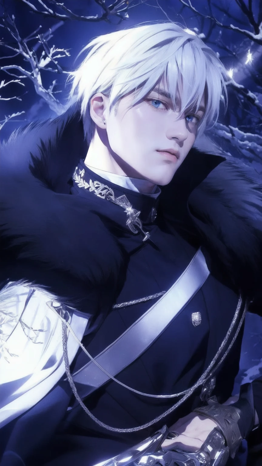 a man with white hair, ice blue eyes, wearing black clothes