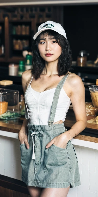 summer,hot,Lazy afternoon,Full body portrait,original photo,Sexy girl working at the counter at Starbucks,Beautiful face,(((Full body portrait、Full body female love:1.1))),Baseball cap,Barista overalls,Barista Apron,Short skirt,Rim Light, clavicle, Pretty Face,tattoos on the arms,((Small cleavage)),belly button, Thin waist and wide hips,(((Long legs))),Idol, Depth of Field, tilt, reflective,lifelike, Ultra-high resolution, high quality,Soft Light,best quality,masterpiece,8K,Super real,(Film Grain, Chromatic Aberration, Clear focus, in the darkness, Deep Shadows, Low profile, Cold Light, Sexy look). Portrait Style, Premium Business Class