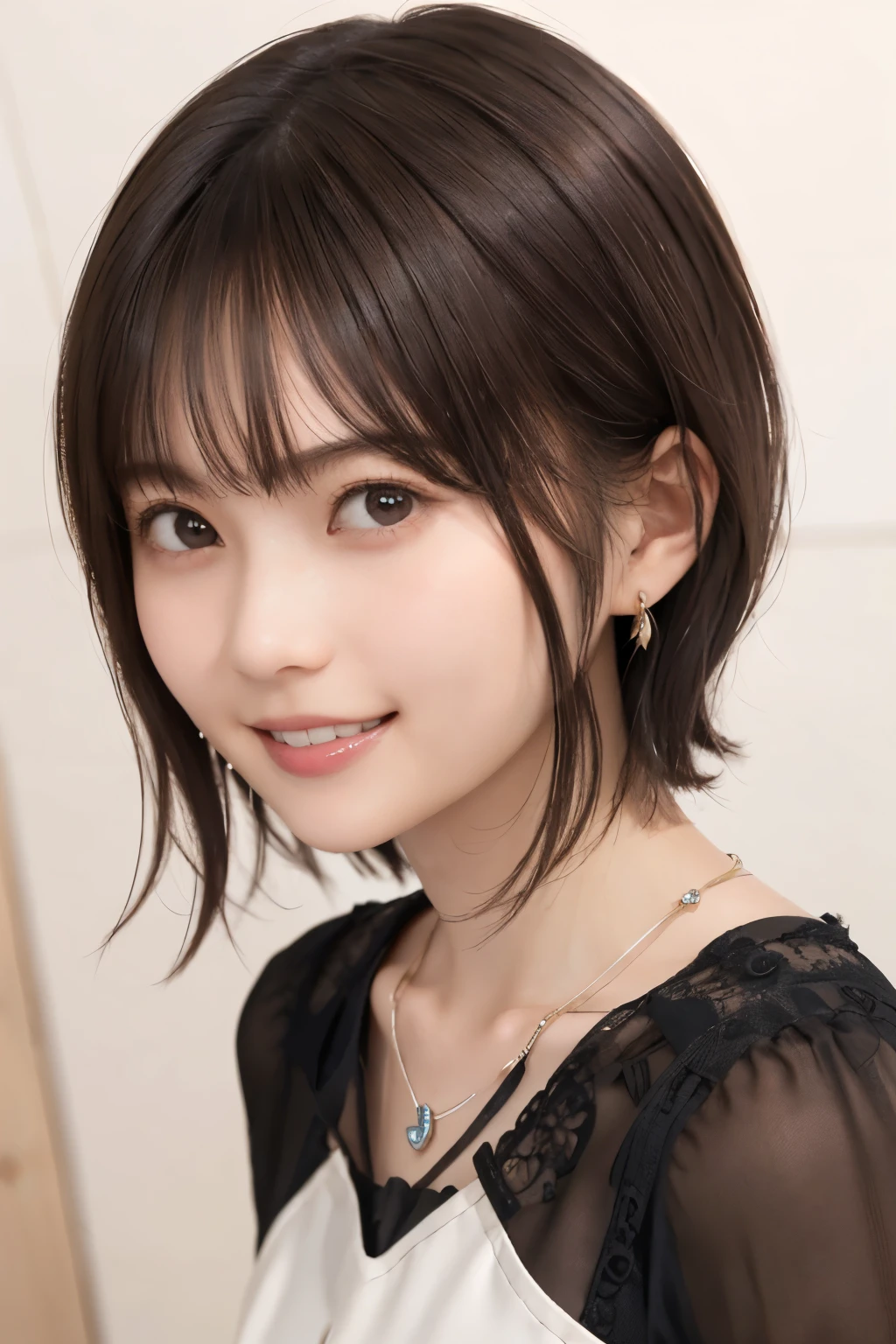 205 ((short hair)), 20-year-old female, Surrealism, smile、Beautiful teeth alignment、Brown Hair、ear piercing、Necklace around the neck、

