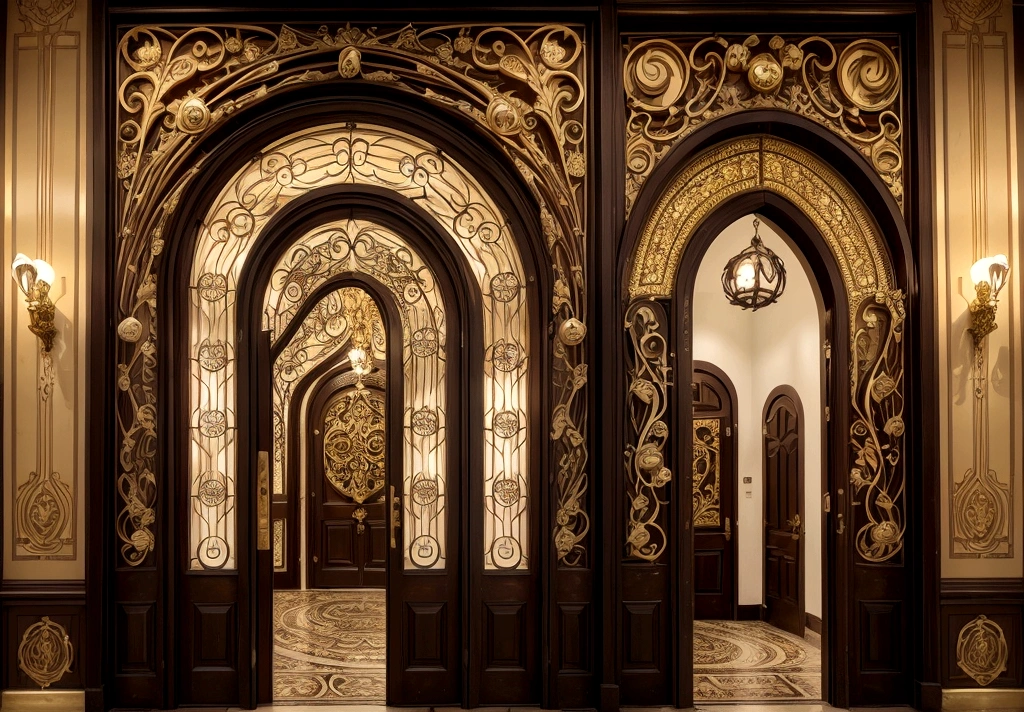 A grand, ornate door leading to a massive chocolate factory. The door is towering and intricately designed, made of rich, dark wood with golden accents and swirling patterns. Above the door, a large, elegant sign reads 'Chocolate Factory' in whimsical lettering. The entrance is flanked by colossal candy canes and oversized lollipop trees, creating a fantastical atmosphere. The surrounding architecture hints at the immense size of the factory, with colorful, whimsical elements that promise a world of wonders and sweet delights inside.