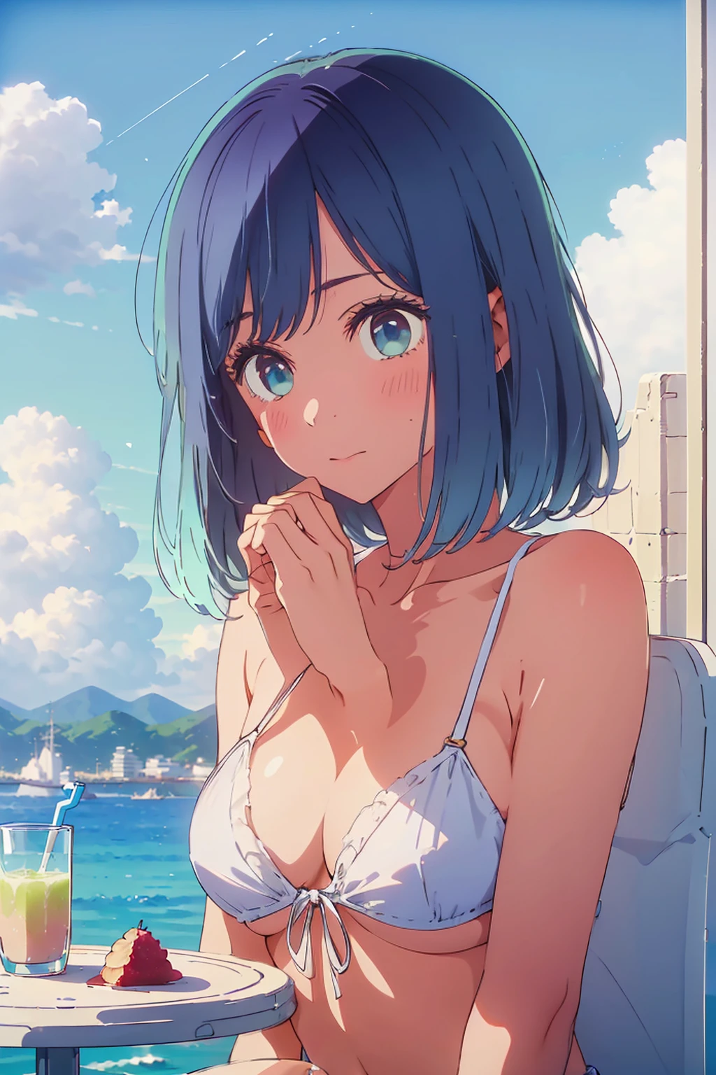 (Highest quality:1.4、8K:1.4、detailed)、F cup bust、Big Breasts、Slim body、Very white beautiful skin、((((1 person、Surprised expression、sit、Chair、In the background are the urban buildings of Tokyo、looking at the camera、Outdoor café terrace、coastal、Navy hair color、juice、Shooting up close、table、Very cute face))))、(She holds her white bikini in place with her hands to keep it from coming off:1.4)、Very blue sky、A completely cloudless sky