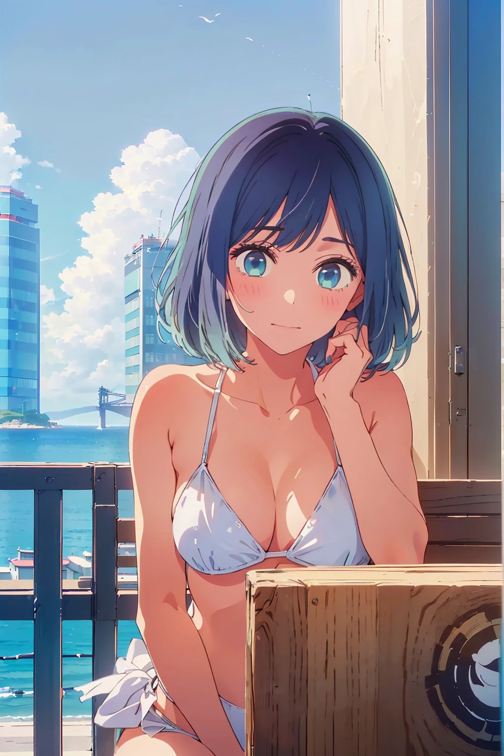 (Highest quality:1.4、8K:1.4、detailed)、F cup bust、、Slim body、Very white beautiful skin、((((1 person、Surprised expression、sit、Chair、In the background are the urban buildings of Tokyo、looking at the camera、Outdoor café terrace、coastal、Navy hair color、juice、Shooting up close、table、Very cute face))))、(She holds her white bikini in place with her hands to keep it from coming off:1.4)、Very blue sky、A completely cloudless sky