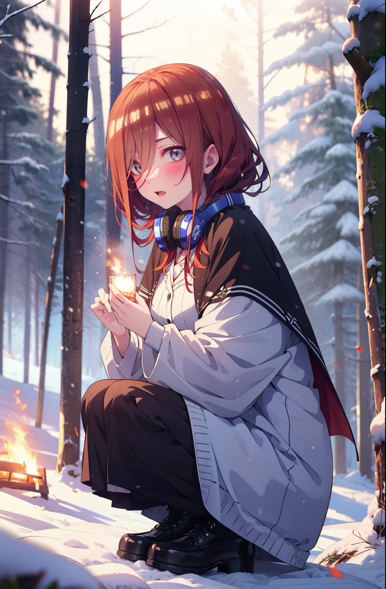 miku nakano, miku nakano, Long Hair, bangs, Brown Hair, shirt, Hair between the eyes, cardigan, Headphones around the neck,smile,blush,White Breath,
Open your mouth,snow,Ground bonfire, Outdoor, boots, snowing, From the side, wood, suitcase, Cape, Blurred, Increase your meals, forest, White handbag, nature, Squat, Mouth closed, フードed Cape, winter, Written boundary depth, Black shoes, red Cape break looking at viewer, Upper Body, whole body, break Outdoor, forest, nature, break (masterpiece:1.2), Highest quality, High resolution, unity 8k wallpaper, (shape:0.8), (Beautiful and beautiful eyes:1.6), Highly detailed face, Perfect lighting, Highly detailed CG, (Perfect hands, Perfect Anatomy),