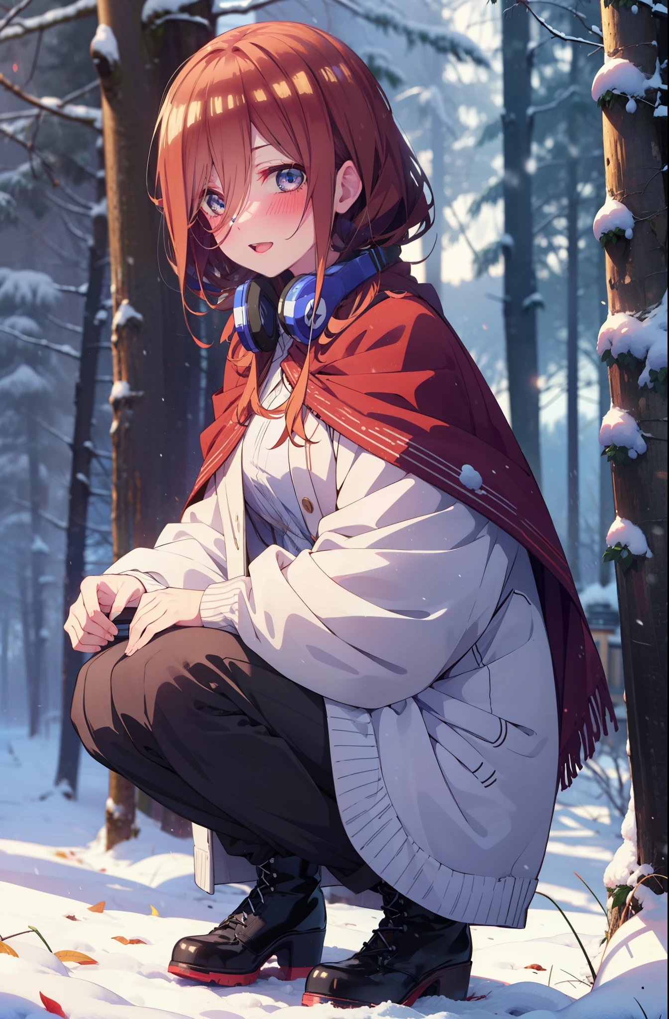 miku nakano, miku nakano, Long Hair, bangs, Brown Hair, shirt, Hair between the eyes, cardigan, Headphones around the neck,smile,blush,White Breath,
Open your mouth,snow,Ground bonfire, Outdoor, boots, snowing, From the side, wood, suitcase, Cape, Blurred, Increase your meals, forest, White handbag, nature,  Squat, Mouth closed, フードed Cape, winter, Written boundary depth, Black shoes, red Cape break looking at viewer, Upper Body, whole body, break Outdoor, forest, nature, break (masterpiece:1.2), Highest quality, High resolution, unity 8k wallpaper, (shape:0.8), (Beautiful and beautiful eyes:1.6), Highly detailed face, Perfect lighting, Highly detailed CG, (Perfect hands, Perfect Anatomy),