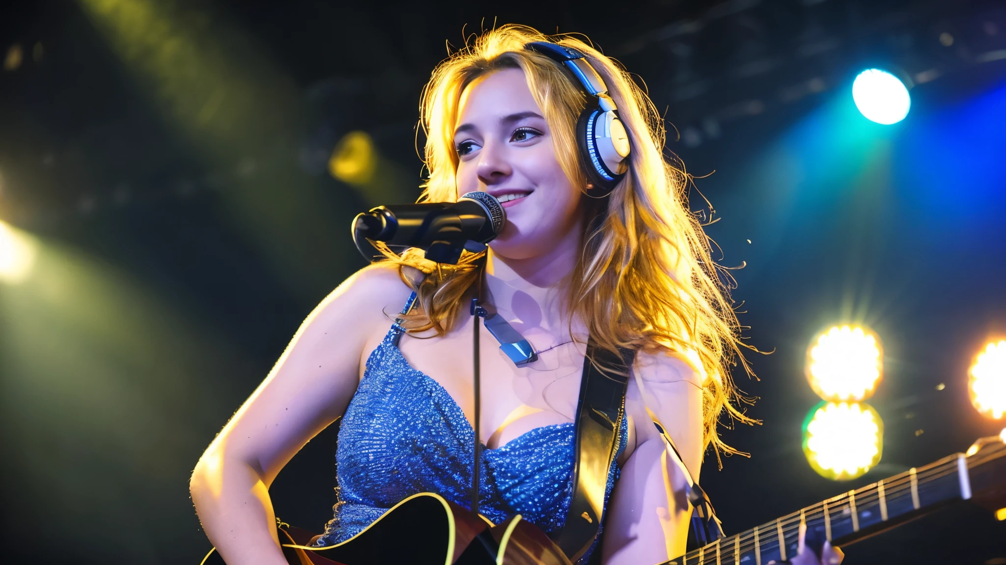 Beautiful blonde with big breasts in a dress (Playing guitar under the spotlight on stage at a live venue),Wearing headphones,Very detailed, 21 years old, Innocent face, Naturally Wavy Hair, blue eyes, High resolution, masterpiece, Highest quality, Intricate details, Very detailed, Clear focus, Delicate skin, practical skin texture, texture, Delicate eyes, Professional, 4K, Cute Smile, Shot with Canon, 85mm, Shallow and deep,  Kodak Vision Color, Exactly, Very detailed, photograph_\(Extremist\), photographpractical, practical, Post-processing, Maximum details, Roughness, Real Life, Extremist practical, Photorealism, photographgraphy, 8K Ultra HD, photographgraphy