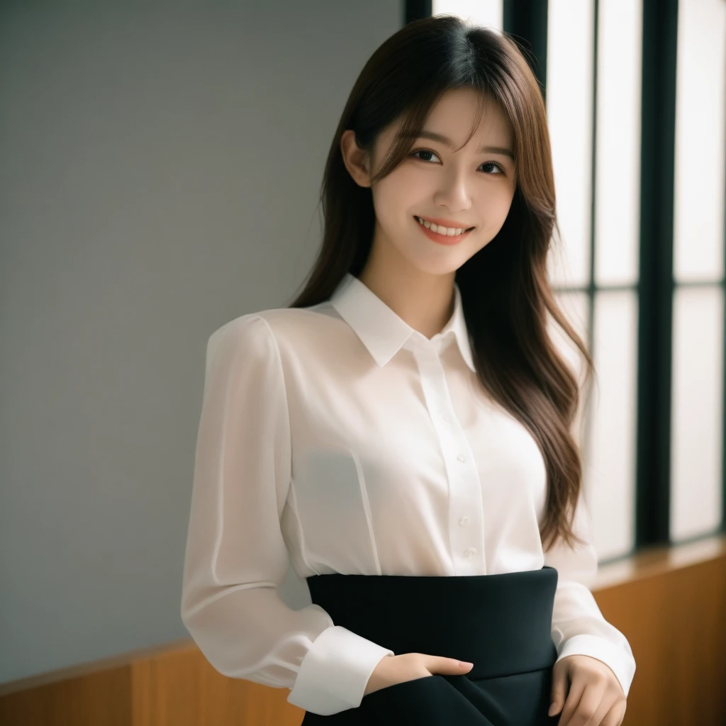 8K, Ultra-high resolution, Highest quality, masterpiece, 三分割法によるphotograph,Surreal, photograph, 1 girl, (:1.3), pretty girl, Cute face, Beautiful eyes in every detail, 細かくdetailedに,masterpiece,, One Girl:1.2, Japan Female Announcer,whole body,Young Wife, (night, (Neon Signs), (Blurred Background), ((See-through blouse)), (White blouse)), , Very slim, Black Pencil Skirt、Full of cleanliness,A carefree smile,Healing the heart,Semi-long layered hair,Looking at the audience、beauty,Long neck、Laugh a little、Please close your mouth and laugh、(((Ideal body type))),A-cup small breasts :2,、Portraiture:2、Perfect Anatomy、鮮明なdetailed、detailed、Surreal、Light and shadow,Strong light