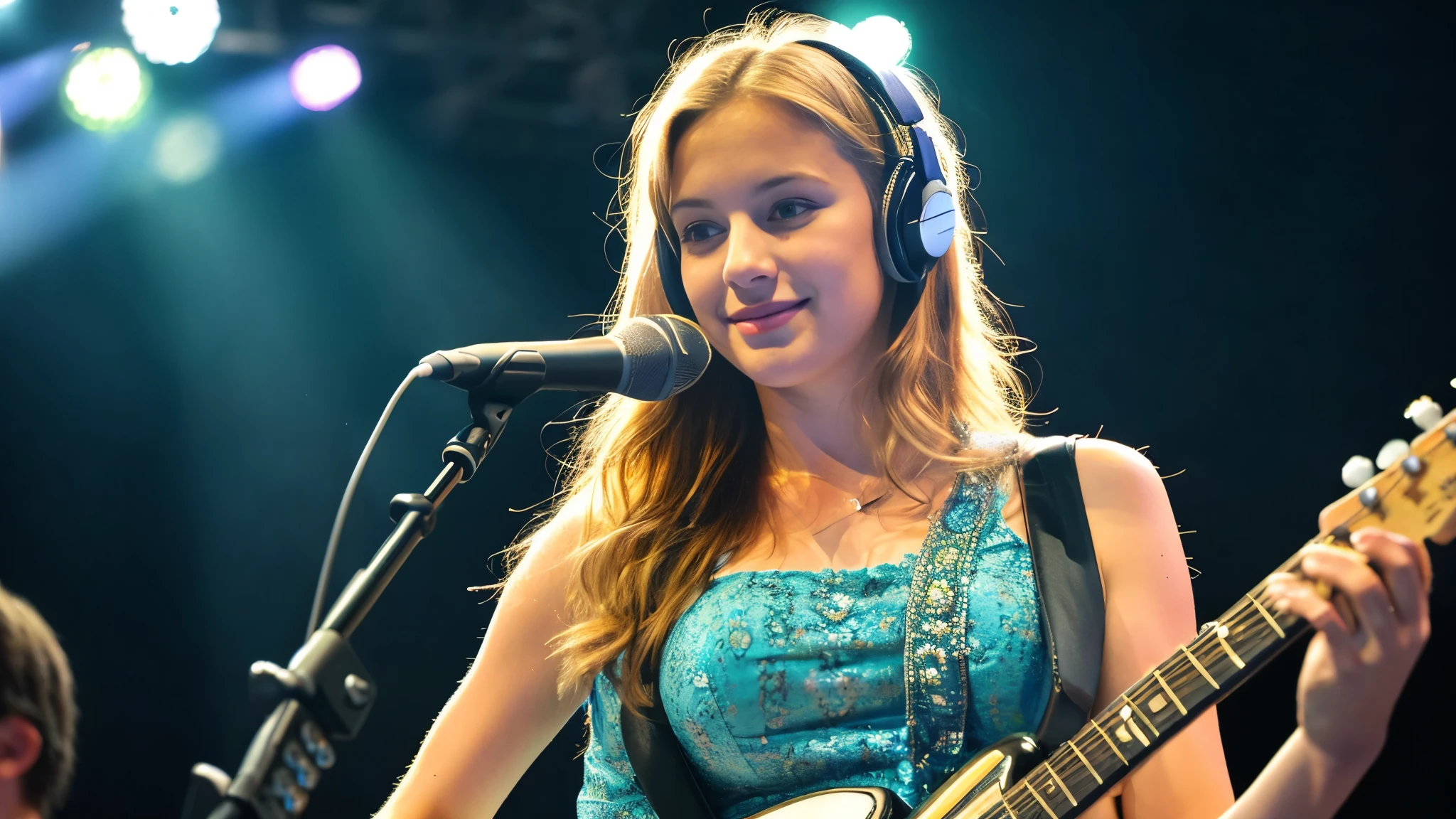 Beautiful blonde with big breasts in a dress (Playing guitar under the spotlight on stage at a live venue),Wearing headphones,Very detailed, 21 years old, Innocent face, Naturally Wavy Hair, blue eyes, High resolution, masterpiece, Highest quality, Intricate details, Very detailed, Clear focus, Delicate skin, practical skin texture, texture, Delicate eyes, Professional, 4K, Cute Smile, Shot with Canon, 85mm, Shallow and deep, Kodak Vision Color, Exactly, Very detailed, photograph_\(Extremist\), photographpractical, practical, Post-processing, Maximum details, Roughness, Real Life, Extremist practical, Photorealism, photographgraphy, 8K Ultra HD, photographgraphy