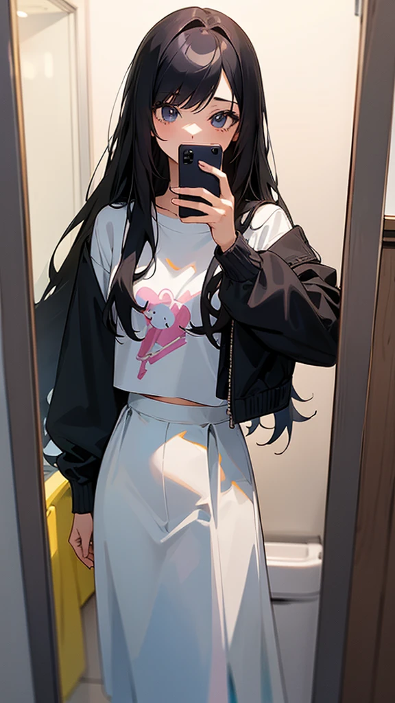Anime cute girl taking a selfie in a mirror in a bathroom, taken in 2 0 2 0, cropped shirt with jacket, long black hair