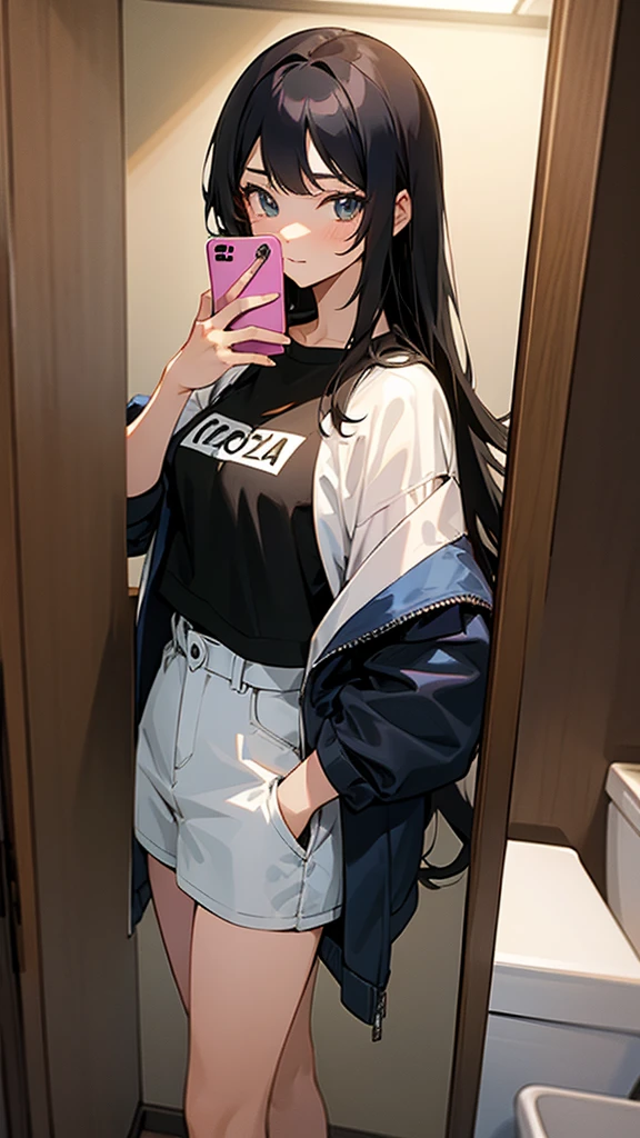 Anime cute girl taking a selfie in a mirror in a bathroom, taken in 2 0 2 0, cropped shirt with jacket, long black hair