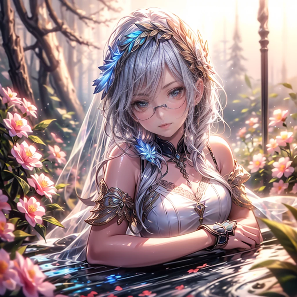 masterpiece: 1.2, High resolution,32k, Realistic: 1.37, Super detailed: 1.2, Flower Fairy, Crimson transparent dress (Flowing), Beautiful delicate(hair,face,eye,lips,thigh,Clothes),Delicate eyes,sparkling eye,brilliant rosy lips,Classical garden, Colorful flowers, Shower of light,Glasses,薄紫のhair