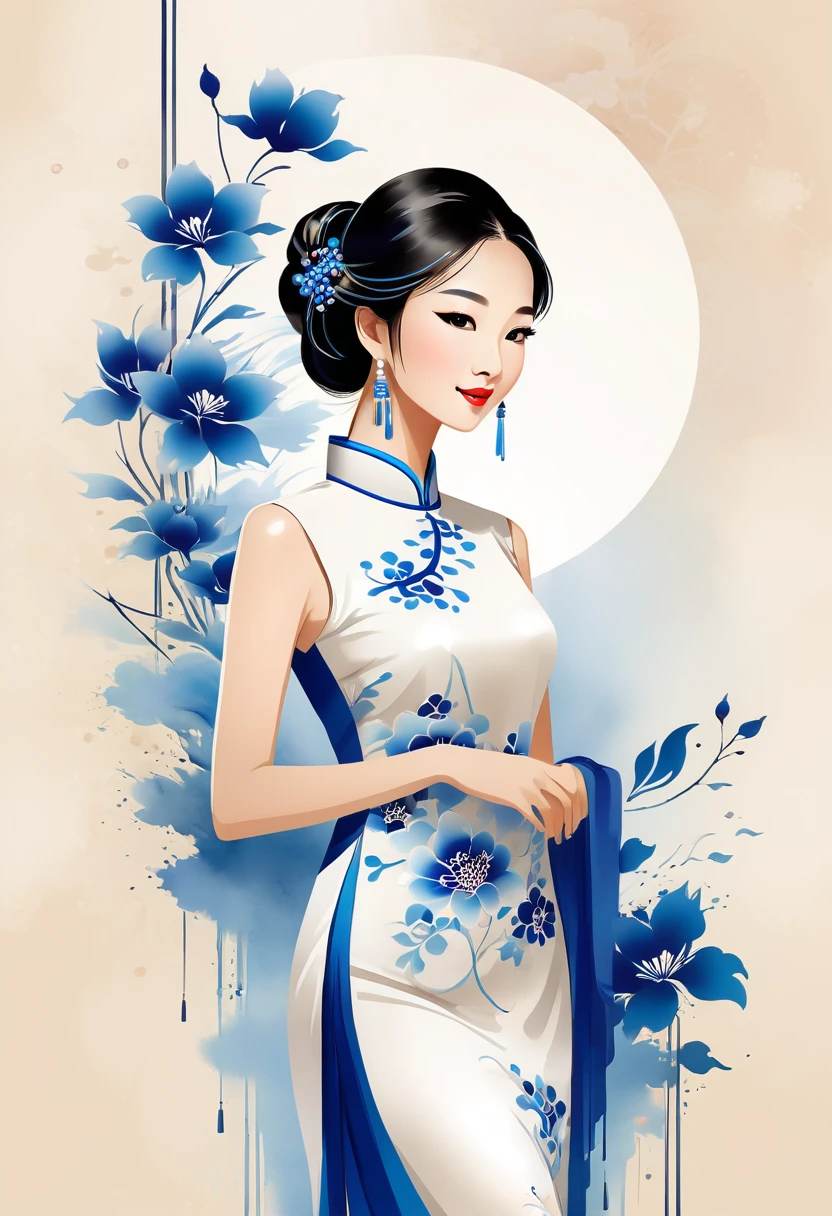 vector,Flat style wearing a long white silk cheongsam and blue embroidered flowers. The oriental beauty girl has a beautiful face and a gentle smile. The artistic conception is abstract digital art illustration. The background is a simple light basket ink dripping. The proportions of the figure are delicate and realistic in the gongbi watercolor style.