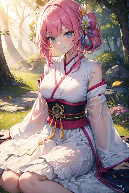 (flowers blooming,early summer),Green meadow, bright sun light, the sunset, Forest path, Delicate petal texture, Gorgeous dress, Natural wind, light wind, Happy smile, Homely atmosphere, Highly saturated colors, The hue of the gradient, Harmony of light and shadow, Natural soft light, Brilliant rainbow, Detailed depiction of the, Vivid painting effect,(ultra - detailed, actual), Vibrant colored hair, shinny hair, hair parted back, hair pin, Colored eyes, glowing light eyes, Heterochromia, shyexpression, face flushed, Enchanted smile, Japanese anime, ray traycing, hyper HD, tmasterpiece:1.2, Anatomically correct, ctextured skin, ultra - detailed, high high quality, high detal, Best quality, A high resolution, 16k,Bigchest,Side breasts,Hazen,Sexy and deep