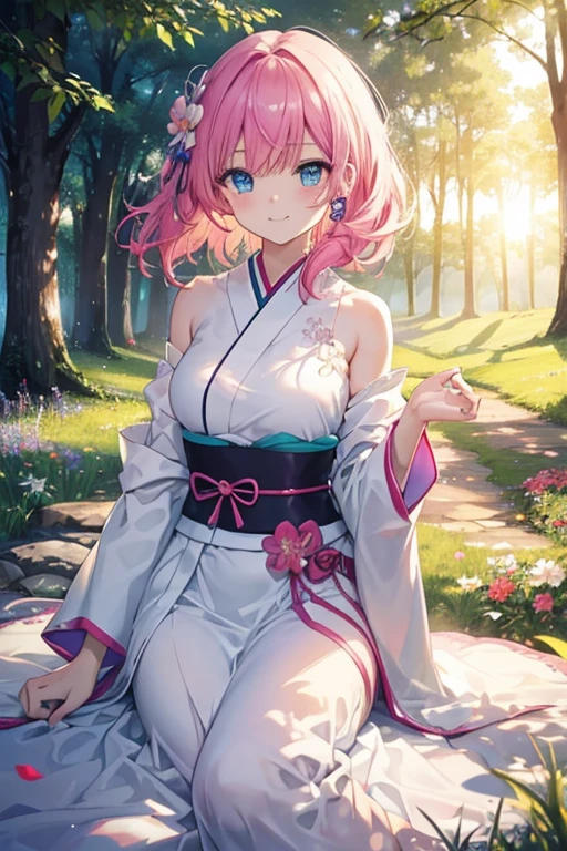 (flowers blooming,early summer),Green meadow, bright sun light, the sunset, Forest path, Delicate petal texture, Gorgeous dress, Natural wind, light wind, Happy smile, Homely atmosphere, Highly saturated colors, The hue of the gradient, Harmony of light and shadow, Natural soft light, Brilliant rainbow, Detailed depiction of the, Vivid painting effect,(ultra - detailed, actual), Vibrant colored hair, shinny hair, hair parted back, hair pin, Colored eyes, glowing light eyes, Heterochromia, shyexpression, face flushed, Enchanted smile, Japanese anime, ray traycing, hyper HD, tmasterpiece:1.2, Anatomically correct, ctextured skin, ultra - detailed, high high quality, high detal, Best quality, A high resolution, 16k,Bigchest,Side breasts,Hazen,Sexy and deep