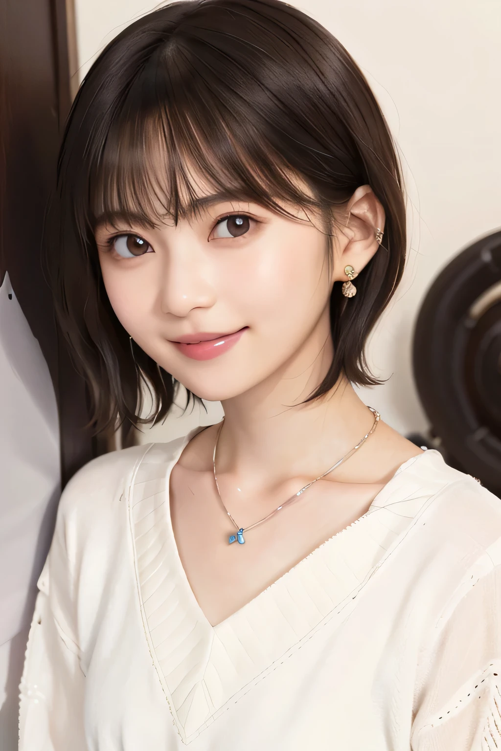 205 ((short hair)), 20-year-old female, Surrealism, smile、Beautiful teeth alignment、Brown Hair、ear piercing、Necklace around the neck、


