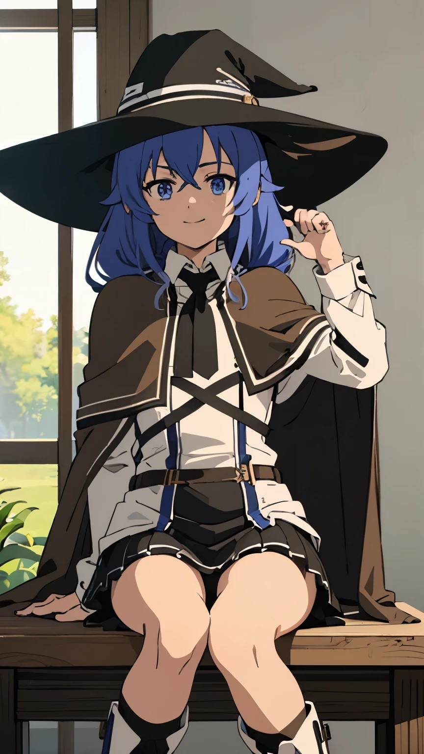 (masterpiece, best quality, high resolution, 8k:1.2),(anime), Roxy_Migurdia(mushoku tensei), 1girl, Blue eyes, Crimson blue hair, twin braids, long hair, small breasts, (smile), (white dress, white shirt, long sleeve, collared shirt, neck ribbon, black ribbon, black skirt, mini skirt, witch hat, black hat, (brown cape:1.2), white boots, black socks), (watching at viewers:1.2), dynamic angles, Grassland