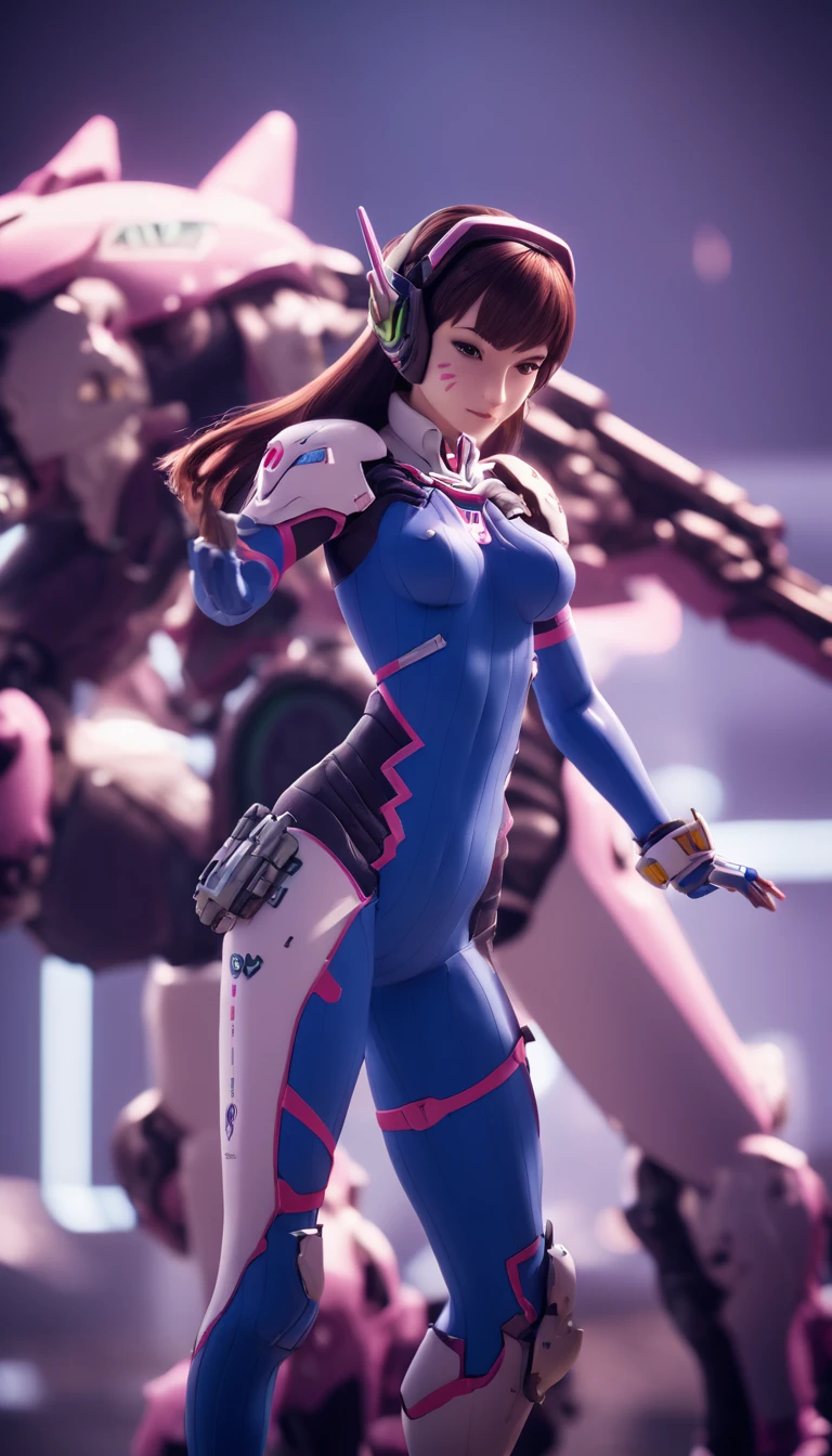 cinematic photo Cinematic scene, hero view, D.Va, Overwatch action pose, detailed background, masterpiece, best quality, high quality, highres, absurdres, Guild Wars 2  . 35mm photograph, film, bokeh, professional, 4k, highly detailed