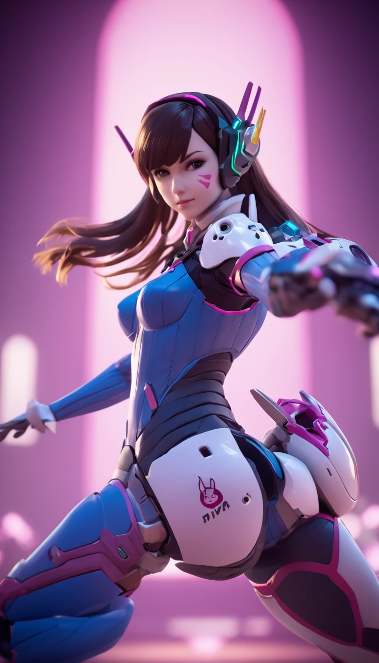 cinematic photo Cinematic scene, hero view, D.Va, Overwatch action pose, detailed background, masterpiece, best quality, high quality, highres, absurdres, Guild Wars 2  . 35mm photograph, film, bokeh, professional, 4k, highly detailed