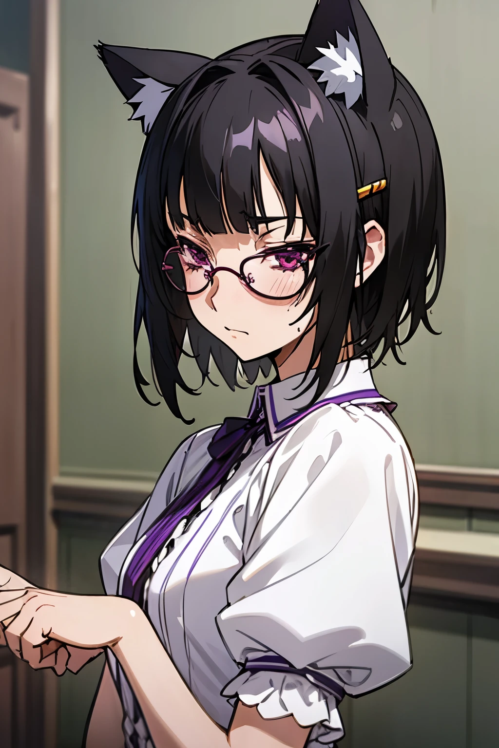 a girl, souna sitri, short hair, black hair, hair ornament, glasses, hairclip, bangs, blunt bangs, (purple eyes:1.1), cute, frills, laces, cat ears, stunned, thee-through, wet, sweat, bedroom,