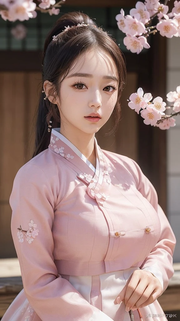 (best quality, 8K, masterpiece: 1.3), ((((((Incredibly huge breasts: 0.8))))), single ponytail, (beautiful face:1.3), Cherry blossoms are in full bloom, full of cherry blossoms, floating cherry blossom petals, very cool, Authentic Korean Hanbok