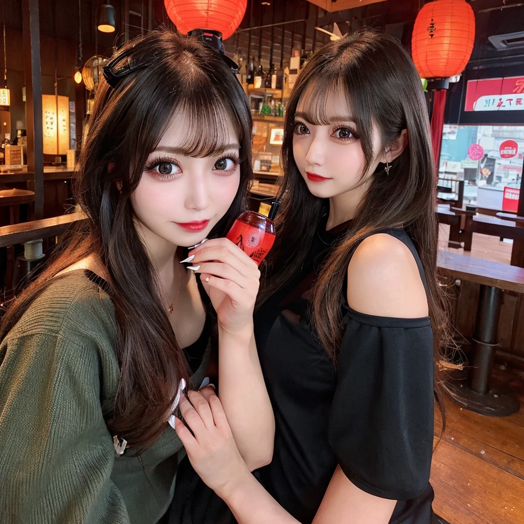 NSFW,（Big Tits、valley、Black camisole）,Drinking beer at a red lantern izakaya、（double eyelids、Tear bags、Big, round eyes、Long eyelashes）、highest quality、One stunning beauty