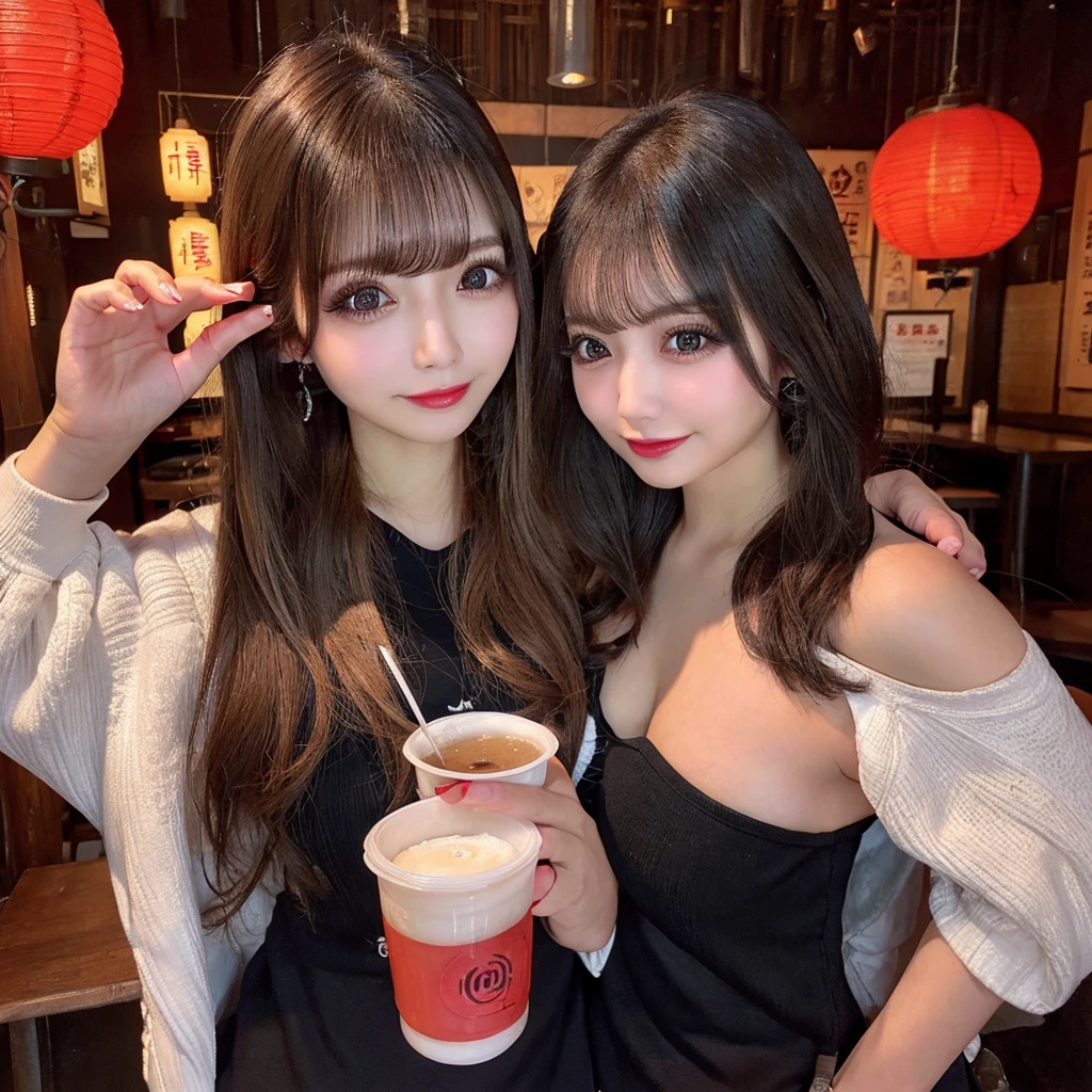 NSFW,(Big Tits、valley、Black camisole),Drinking beer at a red lantern izakaya、(double eyelids、Tear bags、Big, round eyes、Long eyelashes)、highest quality、One stunning beauty