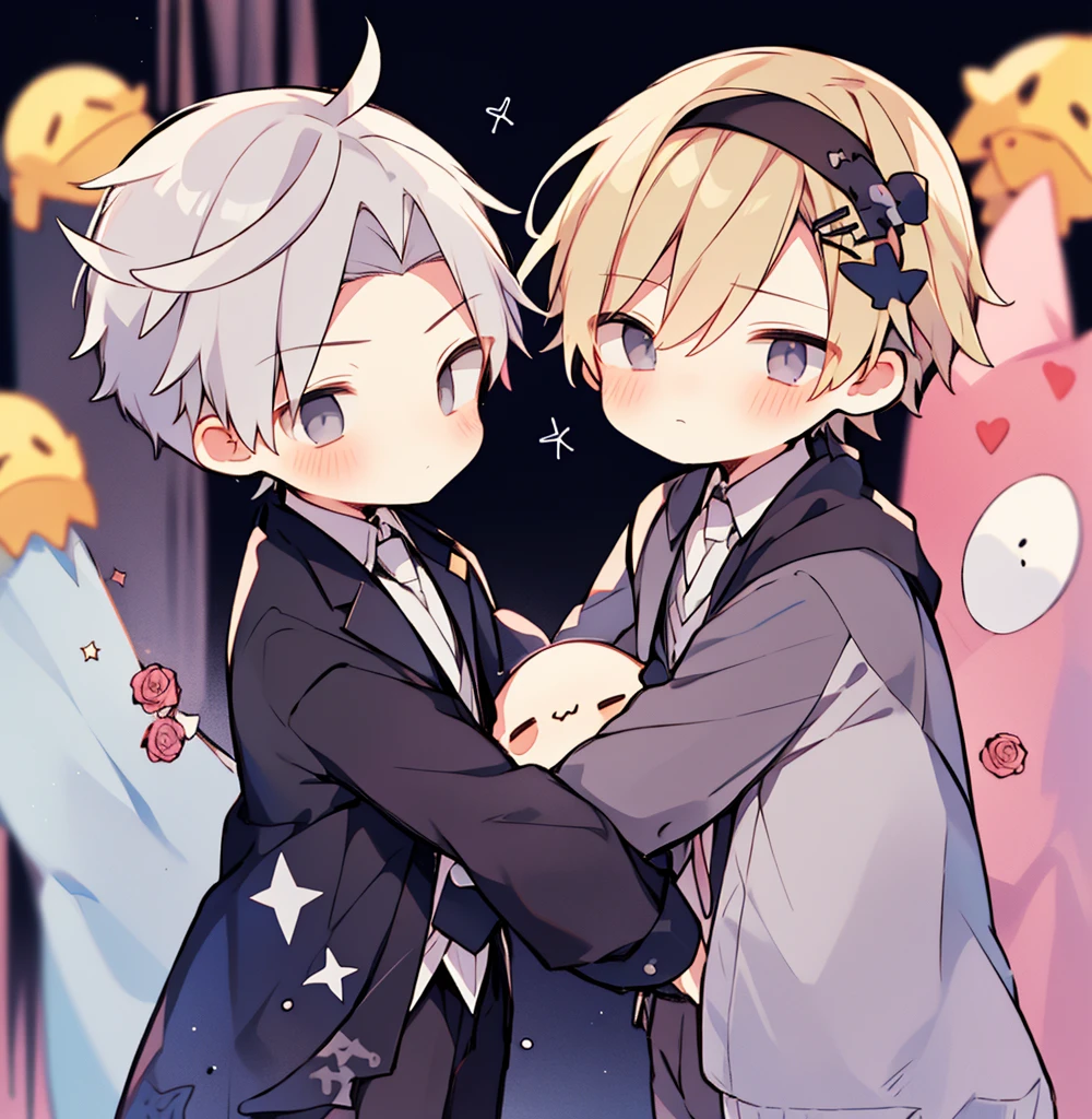 chibi 2boys pastel colors gradient flat chest hug yaoi gay boys love gothic rose blonde silver hair gray eyes black eyes aesthetic angry