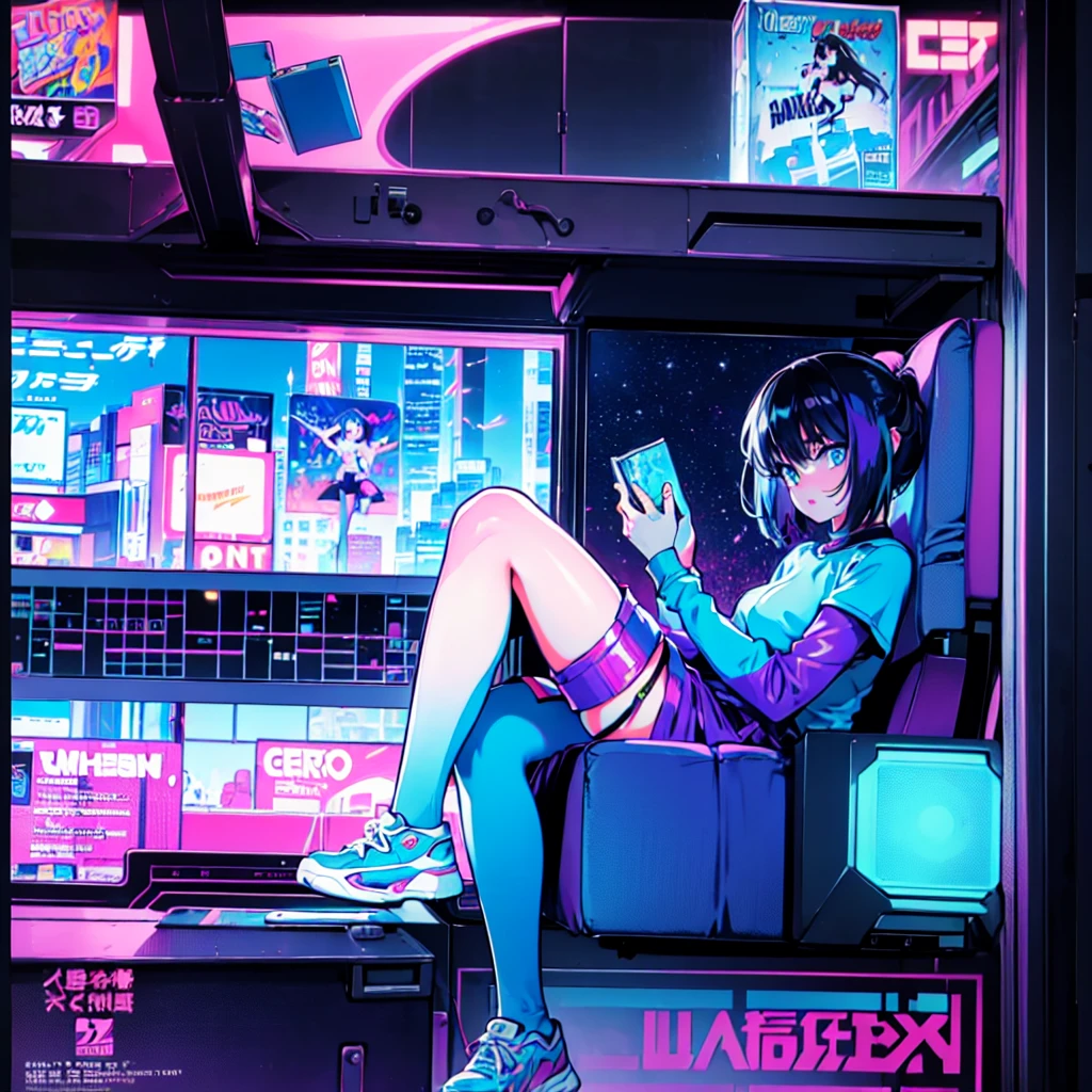 (masterpiece), Highest quality, Expressive eyes, Neon pastel aesthetics, Retro 90s, Neon color,((Girl sitting on sofa,In a cozy room,Records hanging on her wall, Comic books on the floor, Looking out the window behind her at the night city, Upholstered room, Anime figures lined up on a shelf)), Wearing headphones, (All around her it sparkles), (wearing thick colorful sneakers), (blue eyes), (Soft look), (Synthwave Art Style), Colorful Hair, Desk with PC set up