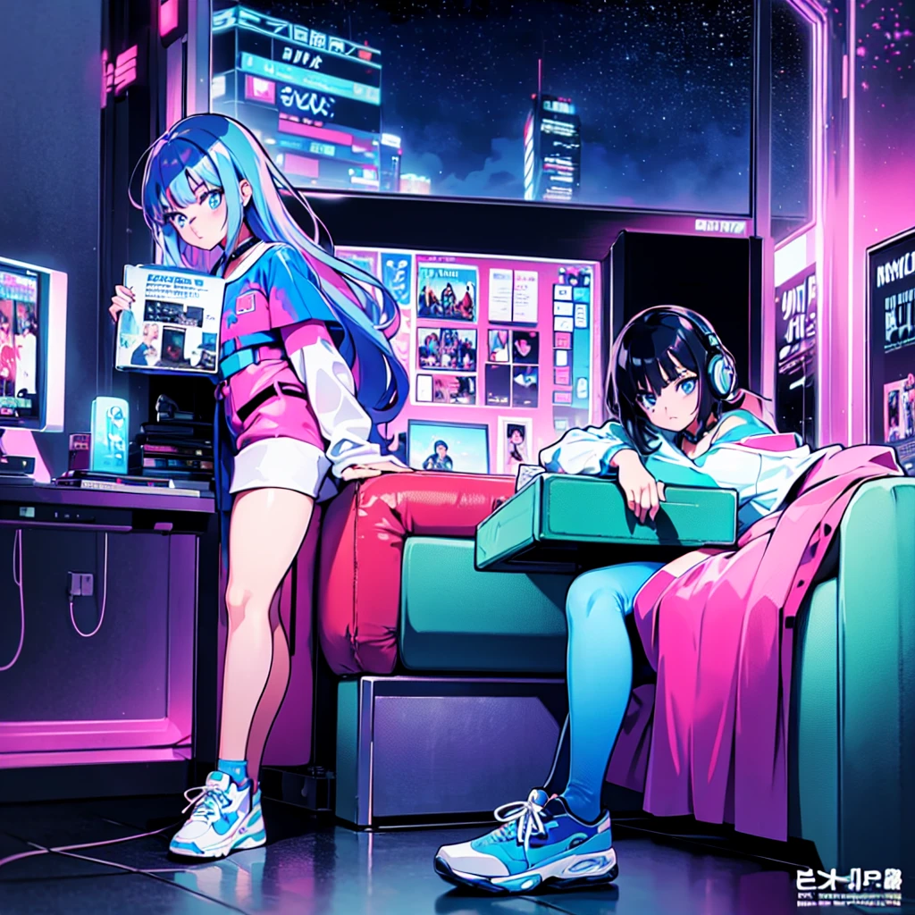 (masterpiece), Highest quality, Expressive eyes, Neon pastel aesthetics, Retro 90s, Neon color,((Girl sitting on sofa,In a cozy room,Records hanging on her wall, Comic books on the floor, Looking out the window behind her at the night city, Upholstered room, Anime figures lined up on a shelf)), Wearing headphones, (All around her it sparkles), (wearing thick colorful sneakers), (blue eyes), (Soft look), (Synthwave Art Style), Colorful Hair, Desk with PC set up