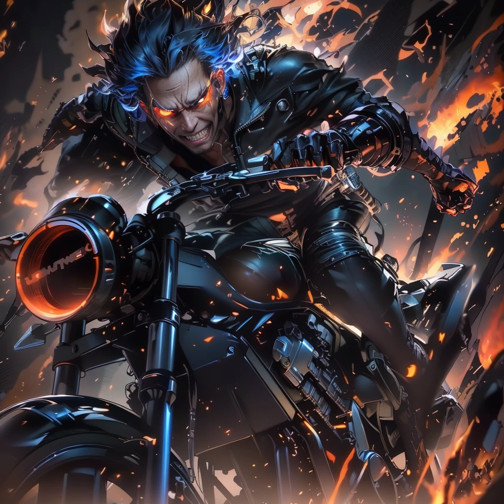 (masterpiece), (best quality), (super-detailed), illustration of a full frame image, (((1:1 aspect ratio))), anime image) of a ((half-demon biker, anime character), (riding a motorcycle with flames for hair trailing behind and down his back)), ((riding his mortorcycle through (a mystical blue:1.3 inferno) with an evil smile, (perfect teeth)))), his eyes were glowing the same color as the fire from his head, badass anime 8k, UHD artwork, HDR, 8k manga wallpaper, 8k anime wallpaper, best anime 8k konachan wallpaper, anime wallpaper 8k, anime wallpaper 8k, anime wallaper, anime art wallpaper 8k, anime art wallpaper 8k, anime art wallpaper, 8k, cinematic movie still, masterpiece, best quality, absurd resolution, 8k, Monte Carlo Ray Tracing:1.2))), (((HDR, UHD, volumetric lighting, Unreal Engine 5, Unity Engine, Blender, octane render))), (((exquisite subject composition and use of lighting:1.4, exceptional, award-winning shading:1.38, sharp focus:1.35, low angle, ominous mood,))) (((facing the viewer, repeat positive prompts, repeat negative prompts))), (((HDR, 8k, UHD 8K resolution, wide-angle lens, (low angle:1.3), full shot, action shot, cowboy shot:1.5 Absurd resolution))), (((maximum detail)))