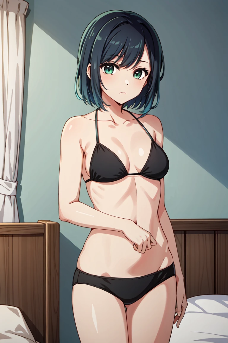 tall body, tall, long legs, mature female, mature, adult, eft_oshi_akane, 1girl, solo, looking at viewer, upper body, collarbone, closed mouth, bangs, medium hair, black hair, green eyes, short hair, snils, blue hair , black bikini , bedroom