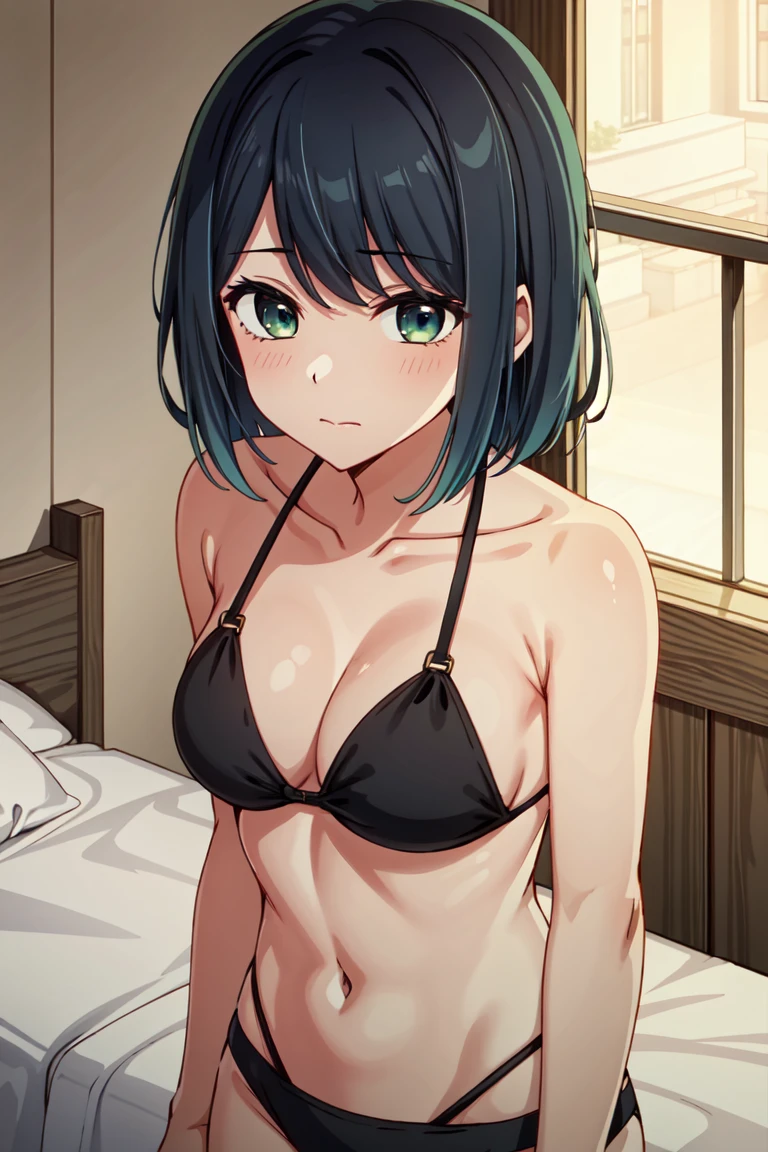 tall body, tall, long legs, mature female, mature, adult, eft_oshi_akane, 1girl, solo, looking at viewer, upper body, collarbone, closed mouth, bangs, medium hair, black hair, green eyes, short hair, snils, blue hair , black bikini , bedroom