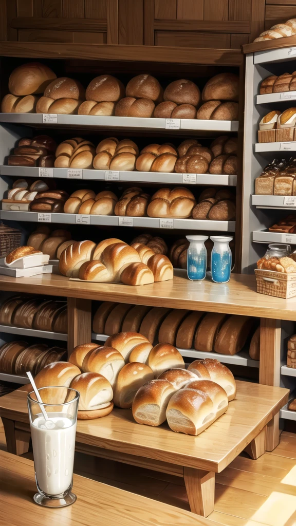 Bread, glass of milk, various snacks on the table 