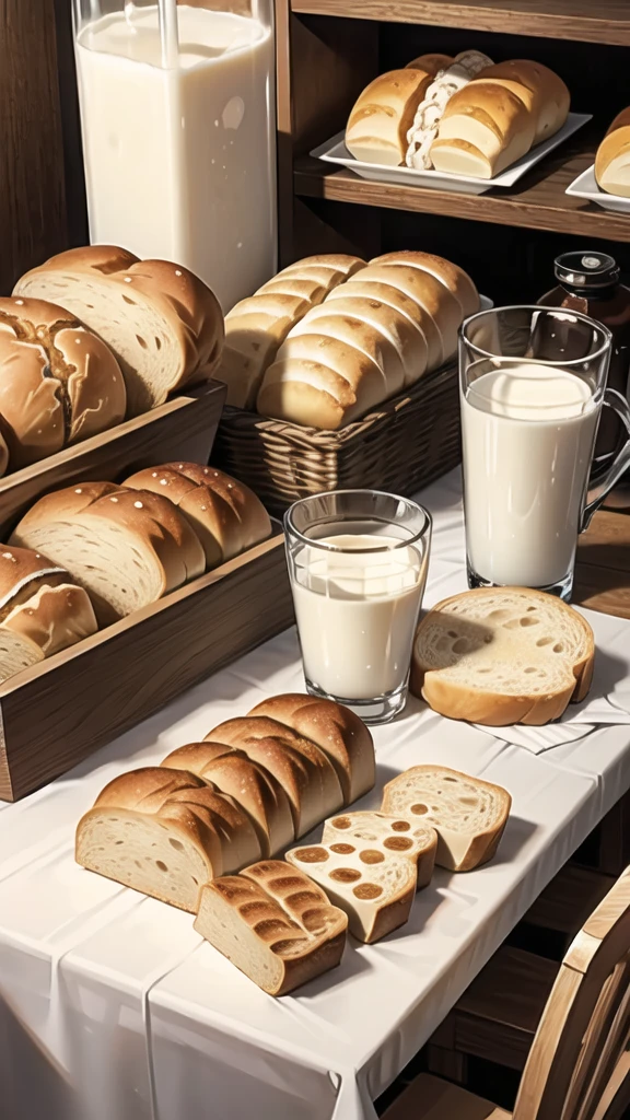 Bread, glass of milk, various snacks on the table
