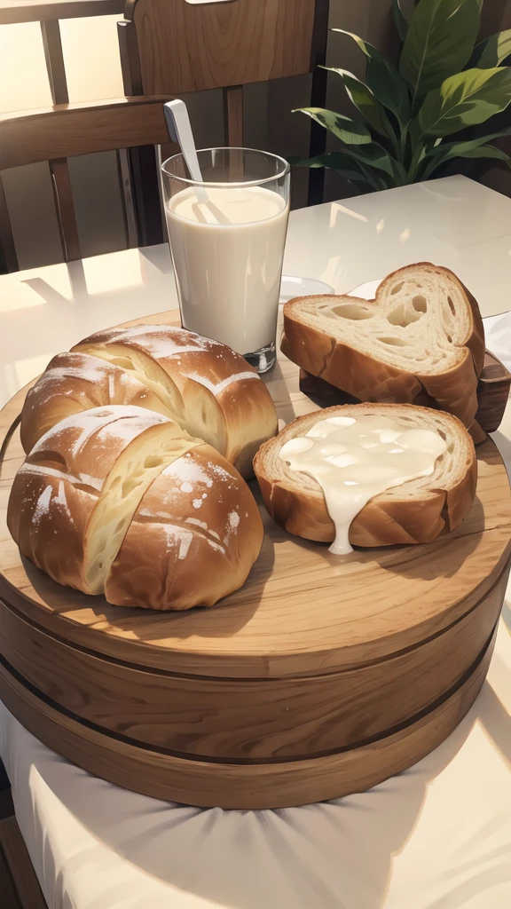 Bread, glass of milk, various snacks on the table