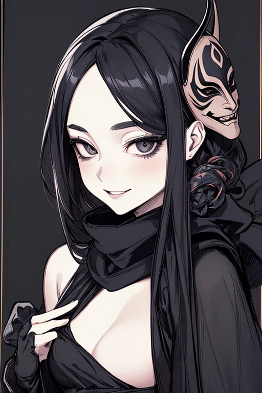 Highest quality, (Background details), High Contrast, One very beautiful woman, Detailed original illustrations、Functional、Delicate face、Ninja、Ninja costume、scarf、mask、Alluring、Villainess、sexy、Small breasts、Real breasts、Crazy Smile, Crazy Eyes, Head close-up, Black Robe, Black background, (Black background: 1.5), Beautiful line drawing、Monochrome