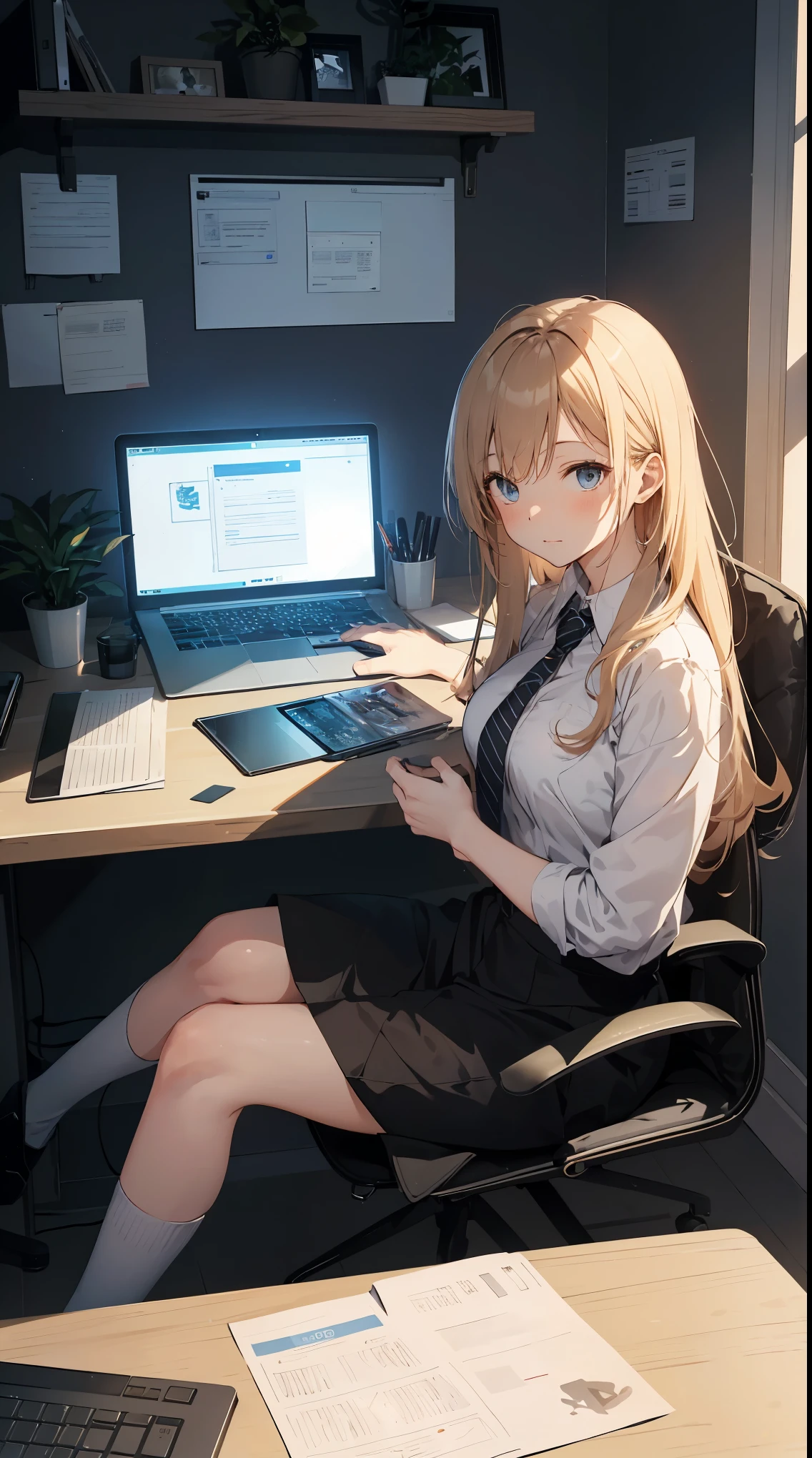 This illustration depicts a cute girl working in an office in a high-rise building, at a moment when she is tired of the situation. She is working on her laptop and is facing the monitor. His eyes are shining. Inside the room are piles of documents, an office desk and chair, a monitor, etc. However, the most notable thing is the "final mysterious high-energy body" she emits. This energy body is released from her body and has the power to obliterate the garbage in the room. emits a pale, white light that reaches every corner of the room. The view from the window is a night view. A girl with a satisfied expression is sitting.(night)
