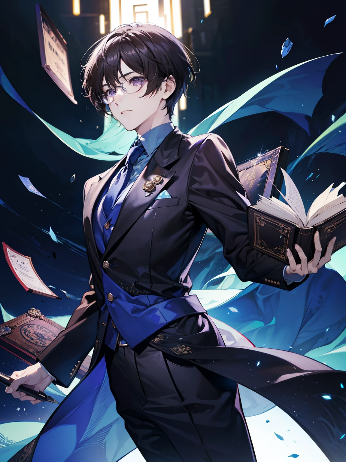 One Man、Dark Brown Hair、Purple Eyes、In a suit、Blue tie、Short Hair、The right eye is hidden by bangs、Glasses、Spread your arms、Book、Ten Thousand Years Pen