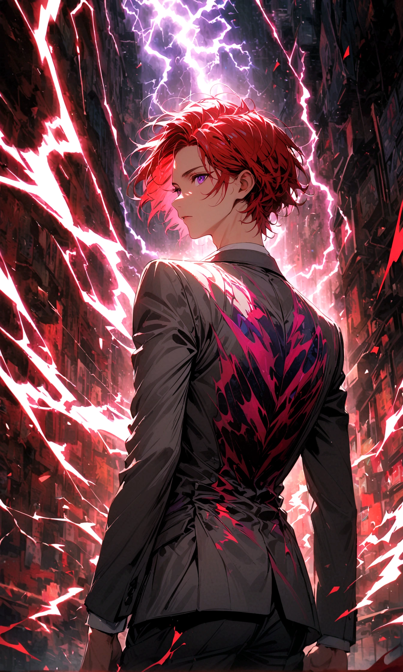 A young man with red hair and purple eyes in a gray suit stood alone with his back turned halfway, lightning around him during the day.