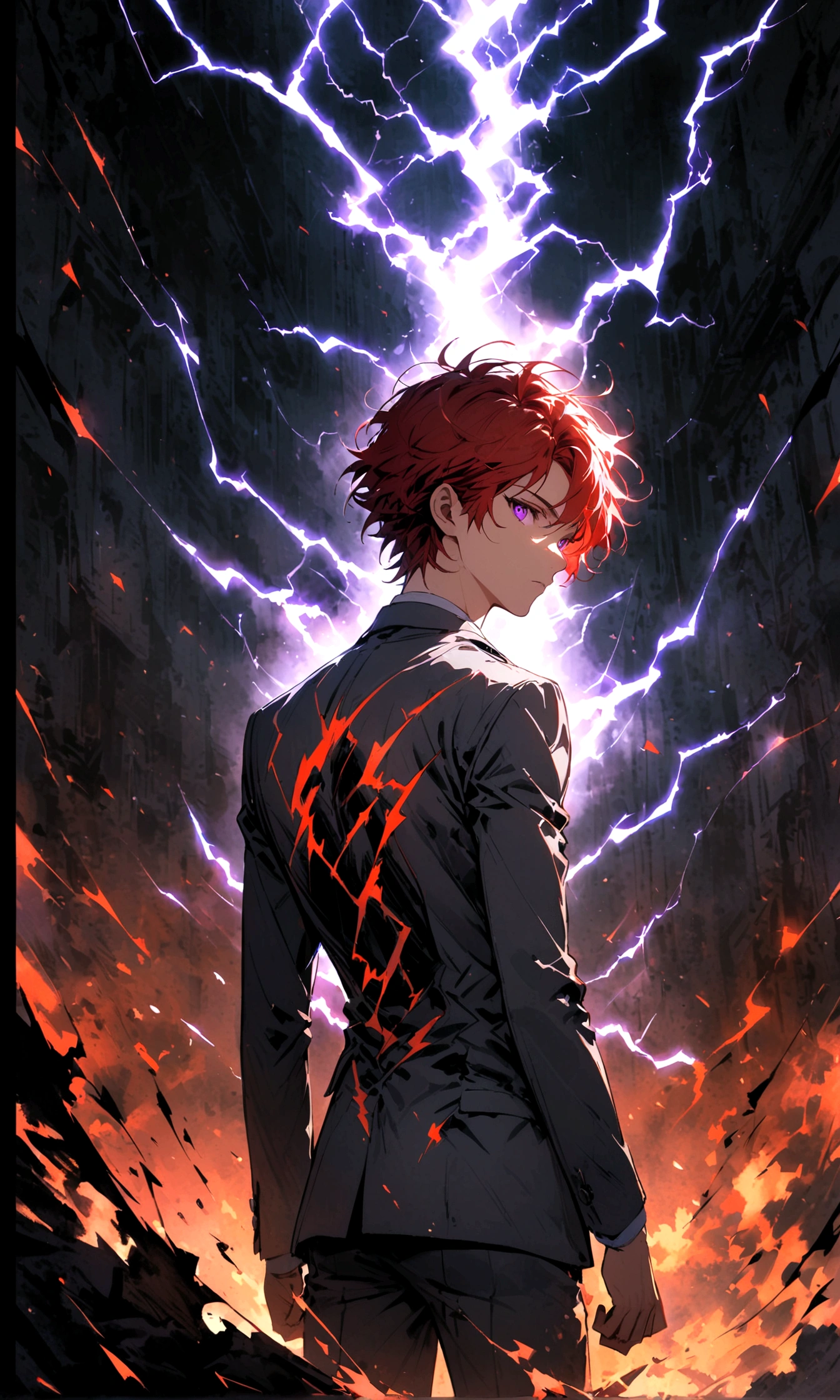 A young man with red hair and purple eyes in a gray suit stood alone with his back turned halfway, lightning around him during the day.
