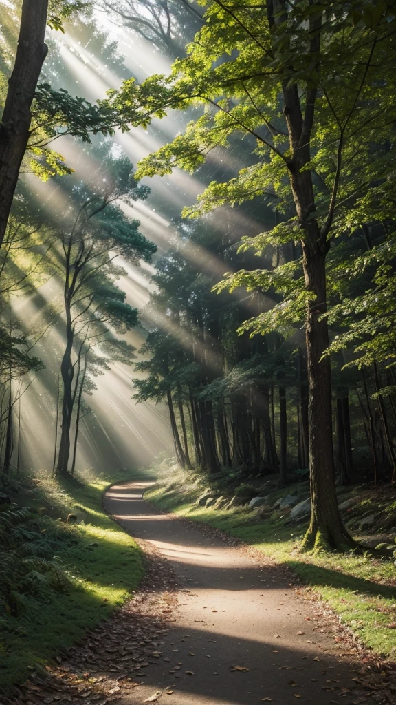 Capture a serene forest at dawn, with rays of sunlight breaking through the trees and illuminating a path covered in leaves. Add birds flying or perching on branches.