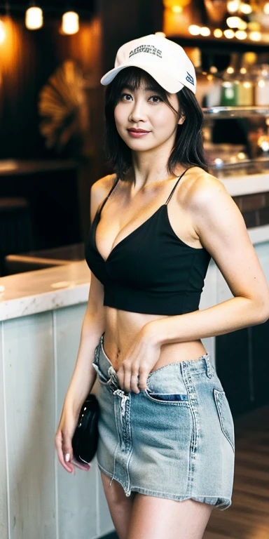summer，hot，Lazy afternoon，Full body portrait，original photo，Sexy girl working at the counter at Starbucks，Beautiful face，(((Full body portrait、Full body female love:1.1)))，Baseball cap，Barista overalls，Barista Apron，Short skirt，Rim Light， clavicle， Pretty Face，tattoos on the arms，((Small cleavage))，belly button， Thin waist and wide hips，(((Long legs)))，Idol， Depth of Field， tilt， reflective，lifelike, Ultra-high resolution, high quality，Soft Light，best quality，masterpiece，8K，Super real，(Film Grain, Chromatic Aberration, Clear focus, in the darkness, Deep Shadows, Low profile, Cold Light, Sexy look). Portrait Style, Premium Business Class