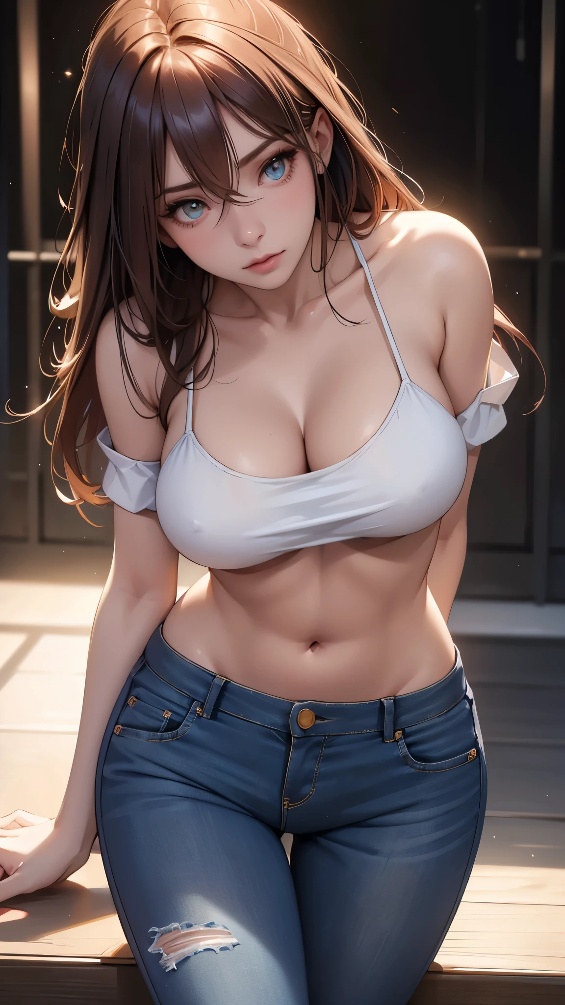(best quality,highres:1.2),ultra-detailed,realistic,photorealistic:1.37,a beautiful girl (Albedo from Overlord) model in a pop style,,long legs,medium breasts,extremely detailed face (with emphasis on azure eyes),Her red-colored hair falls to her shoulders.She is dressed in short blue denim shorts and a short top (very shabby and torn in places),),bent down, lifting her ass to the top,more sexy pose,illustration,colorful pop art style,dynamic lighting,neon colors,Nsfw