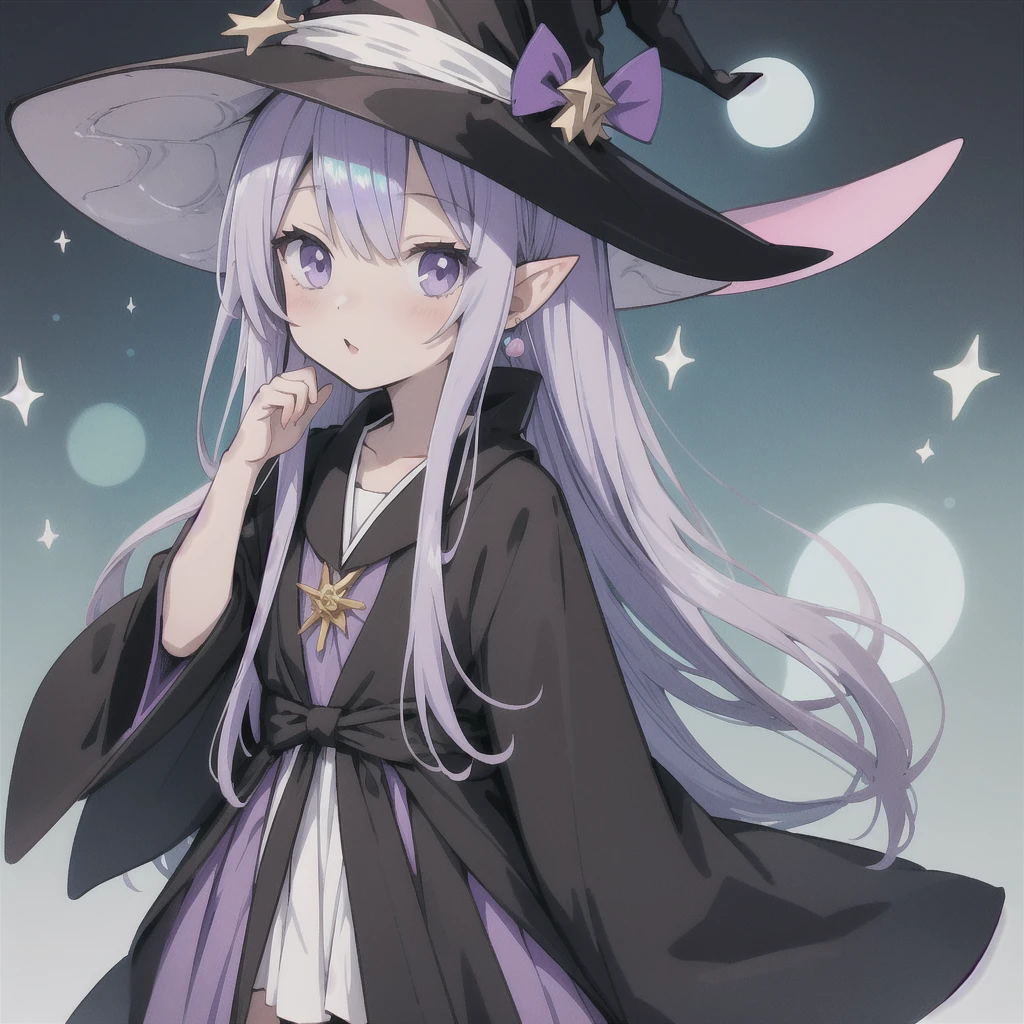 anime girl long purple hair wearing a black Robe. she has pointy ears. Witch Hat. Manga kawaii. iridescent ,An illustration, 0ne person