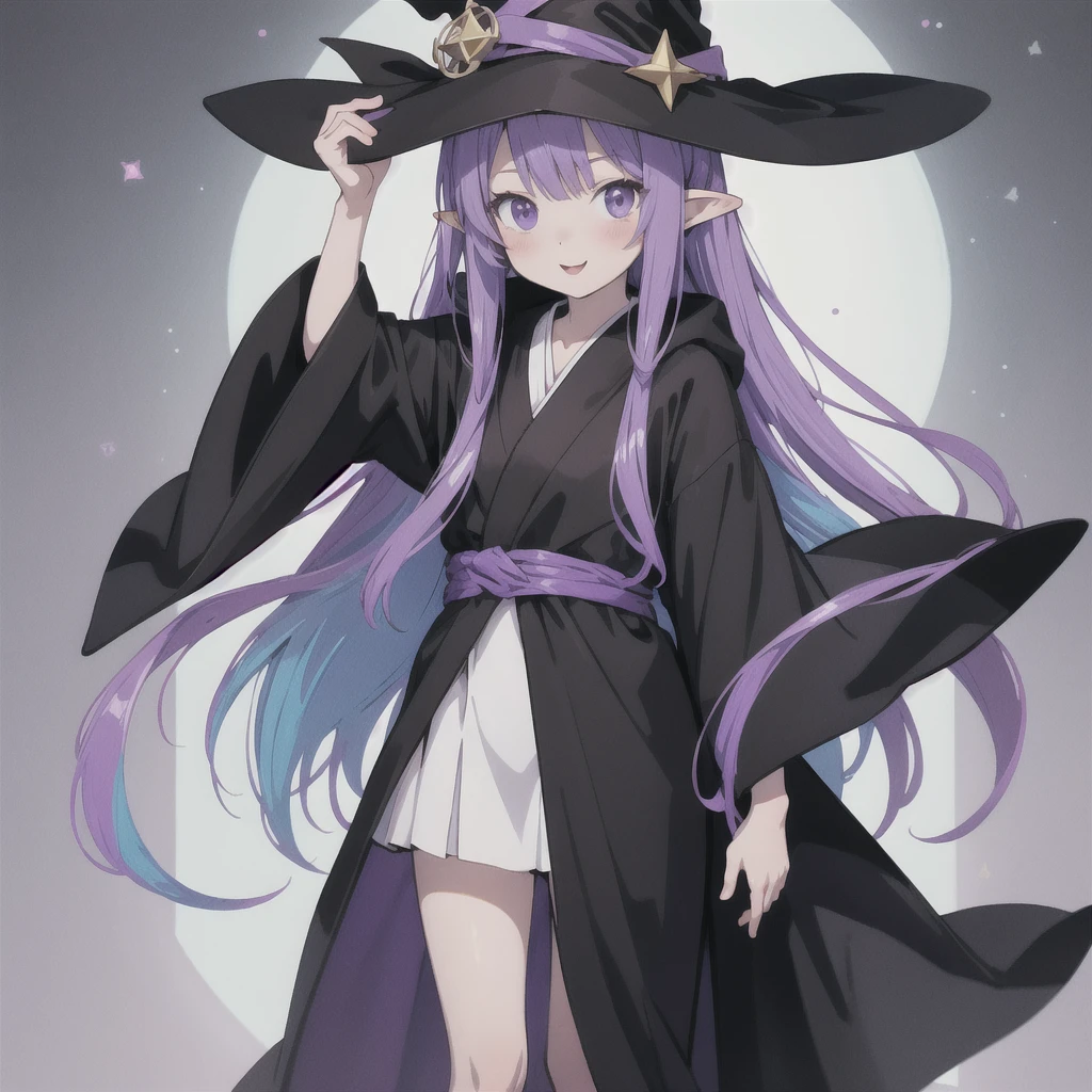 anime girl long purple hair wearing a black Robe. she has pointy ears. Witch Hat. Manga kawaii. iridescent ,An illustration, 0ne person