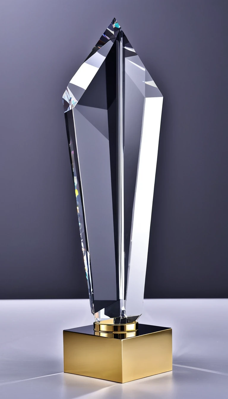 A cool trophy;Golden metal trophy,Crystal acrylic base;Simplicity,Fashion,Feature,Front view。Simplicity,cuboid,Square column,cube。