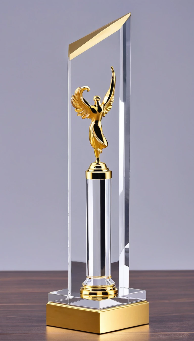 A cool trophy;Golden metal trophy,Crystal acrylic base;Simplicity,Fashion,Feature,Front view。Simplicity,cuboid,Square column,cube。