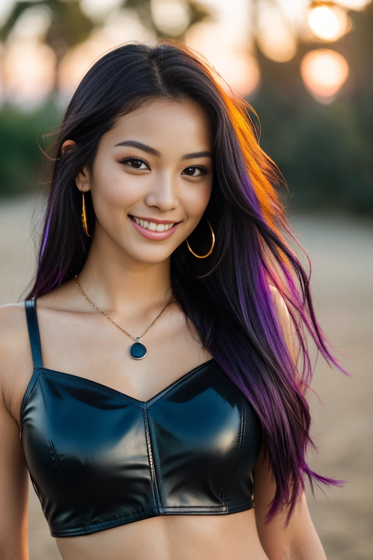 arafed woman with long black hair with purple highlights, flowing long black hair with, with black hair, photo of a beautiful woman, long flowing black hair, black golden hour, curly black hair, beautiful young asian woman, beautiful asian woman, wild ginger hair, pink wispy hair, light black hair, a young asian woman, an asian woman, infp young woman, Portrait photo of a 24-year-old french girl in RAW UHD format (Brown-eyed woman) , surfing), Details (textures! , Hair! , glistering, Color!! , imperfections: 1.1), highly detailed glossy eyes (looking at the camera), DSLR Lighting, SLR camera, Ultra-Quality, sharpness, Depth of field, Film grain , Fujifilm XT3, Crystal clear, Frame Center, beautiful face, sharp-focus, bokeh (sunlight), (open sky), detailed skin pores, oilly skin, suntan, Complex eye details, (((smiling))), (( leather clothing)), (((navel))), (((jewelry))),(((full body image))), (((Navel)))